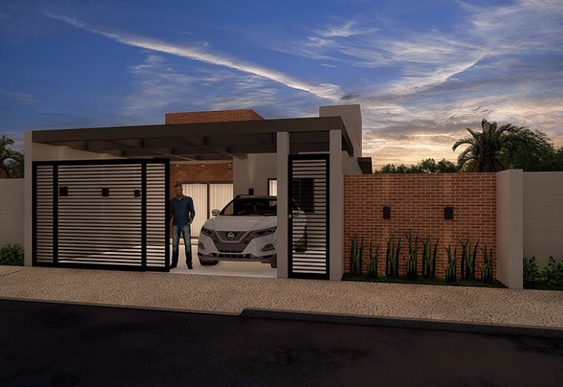 Projeto de casa com tijolo ecológico e pergolado na garagem