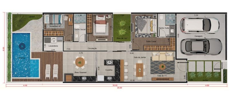 Planta Humanizada de um projeto de modulação de uma casa térrea em tijolos ecológicos à base de solo cimento com telhado inclinado
