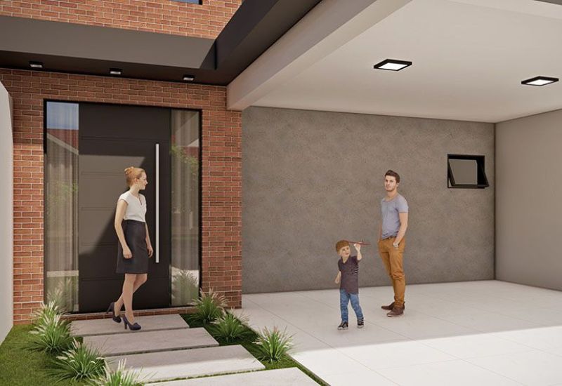 Quarta imagem de um projeto de modulação de uma casa térrea em tijolos ecológicos à base de solo cimento com telhado inclinado