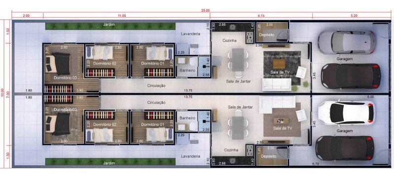 Planta humanizada do projeto de modulação de uma casa térrea rústica usando os tijolos ecológico à base de solo cimento de uma casa geminada padrão minha casa minha vida