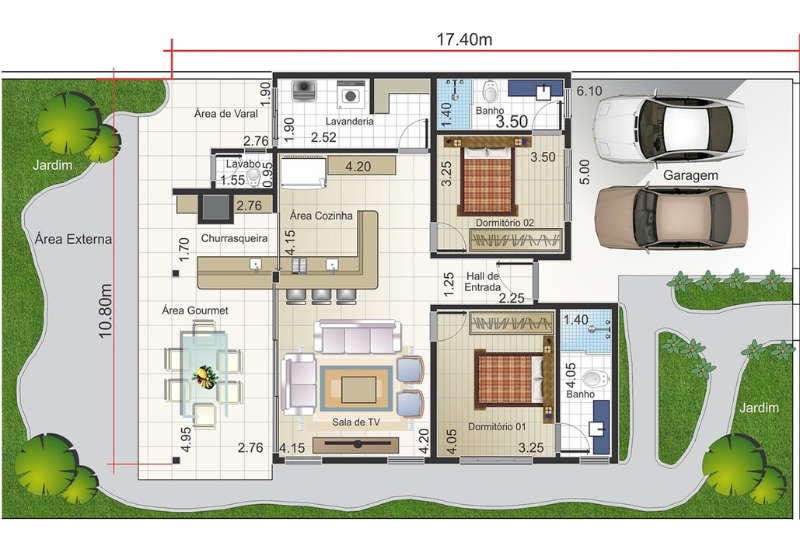 Planta humanizada do projeto de modulação de uma casa térrea rústica usando os tijolos ecológico à base de solo cimento