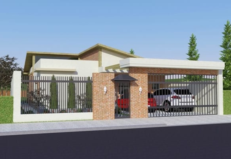 Fachada do projeto de modulação de uma casa térrea rústica usando os tijolos ecológico à base de solo cimento