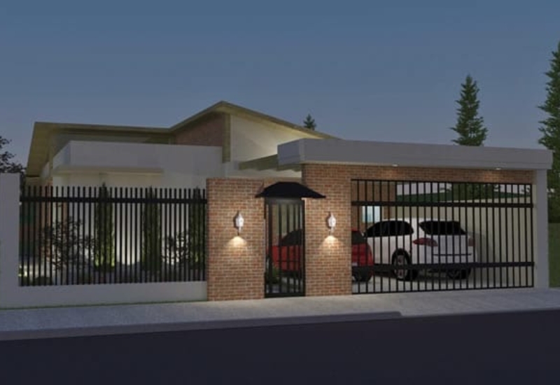 Iluminação da fachada do projeto de modulação de uma casa térrea rústica usando os tijolos ecológico à base de solo cimento