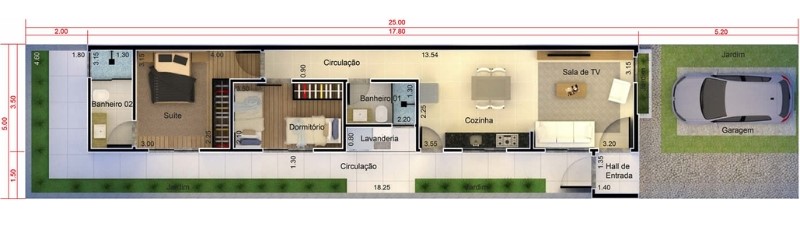 Planta humanizada do projeto de modulação de uma casa térrea rústica usando os tijolos ecológico à base de solo cimento