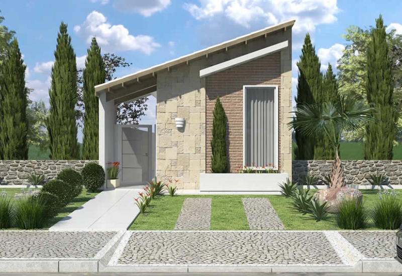 Primeira imagem de um projeto de modulação de uma casa térrea em tijolos ecológicos à base de solo cimento padrão minha casa minha vida